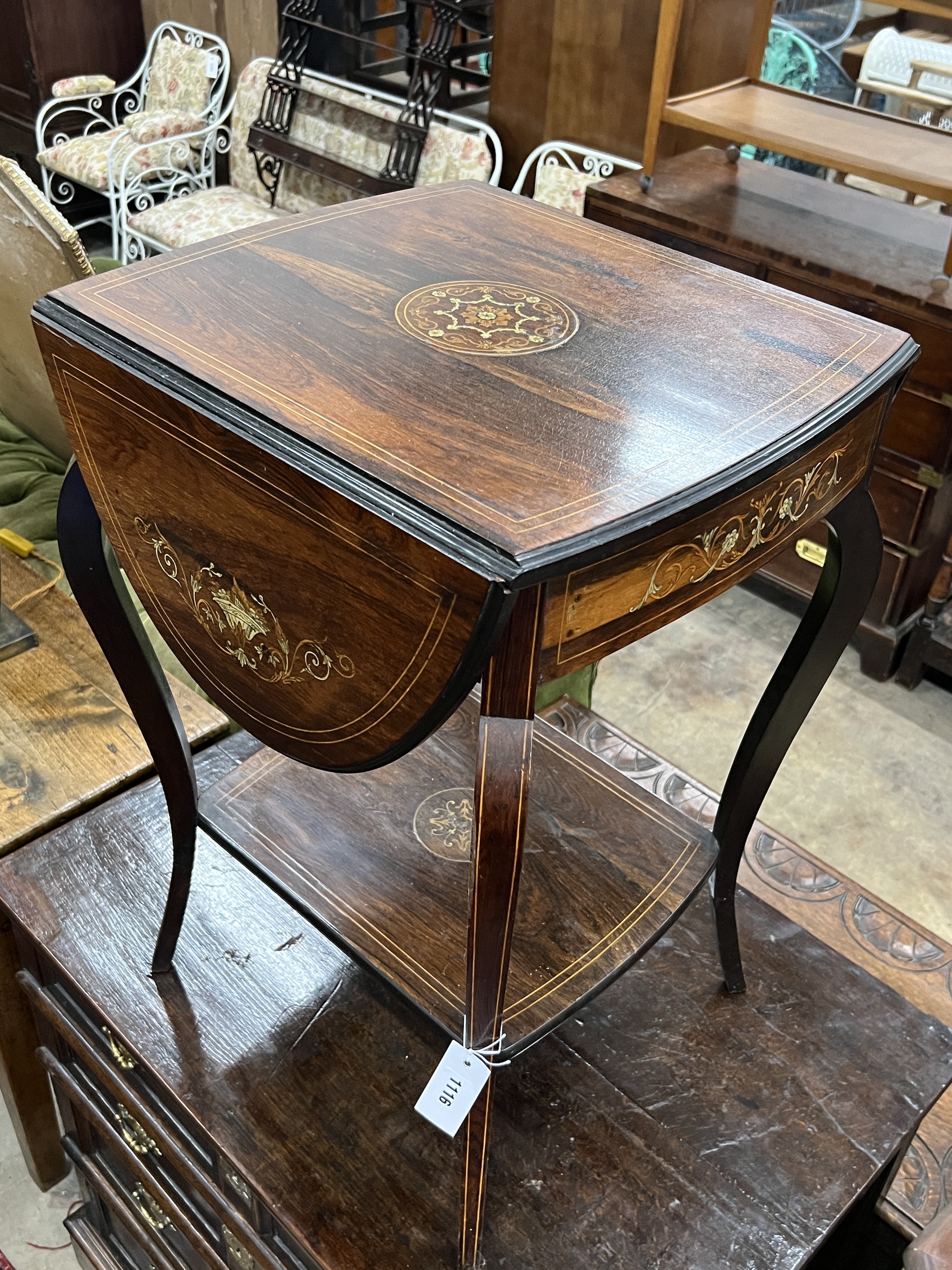 A late Victorian marquetry inlaid rosewood drop flap occasional table, width 47cm, depth 43cm, height 71cm